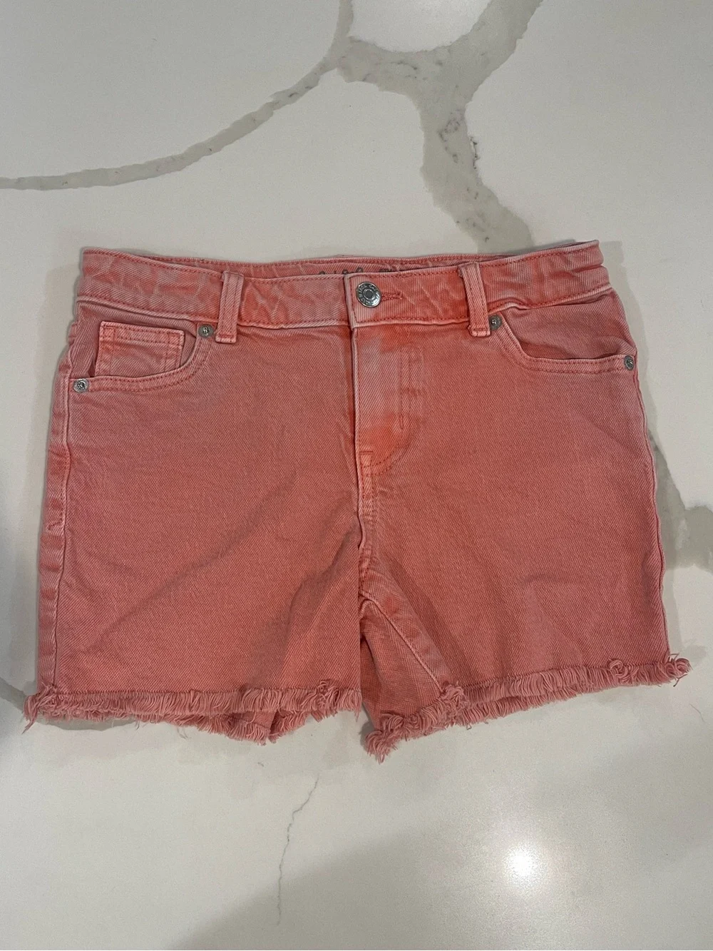 Girl's Coral Denim Frayed-Hem Shorts Size 10/12
